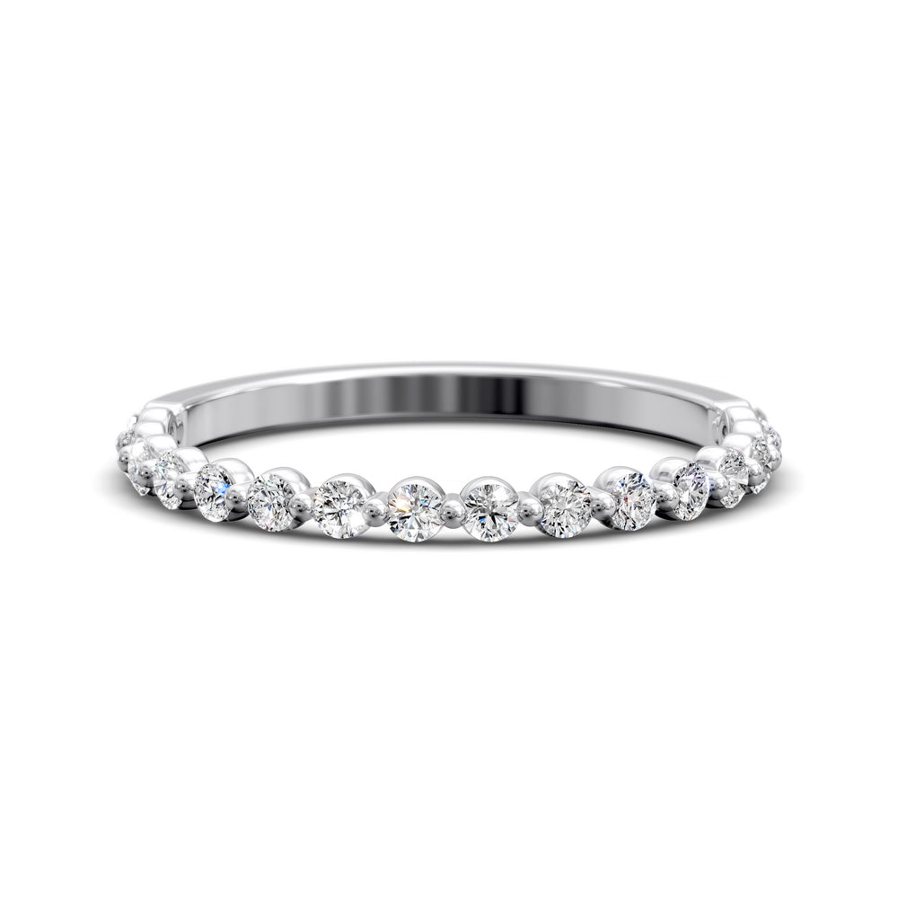 Floating diamond shared prong wedding band with round stones in gold
