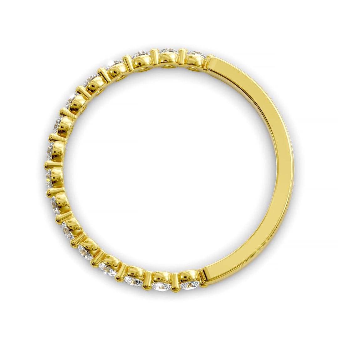 Floating diamond shared prong wedding band with round stones in gold