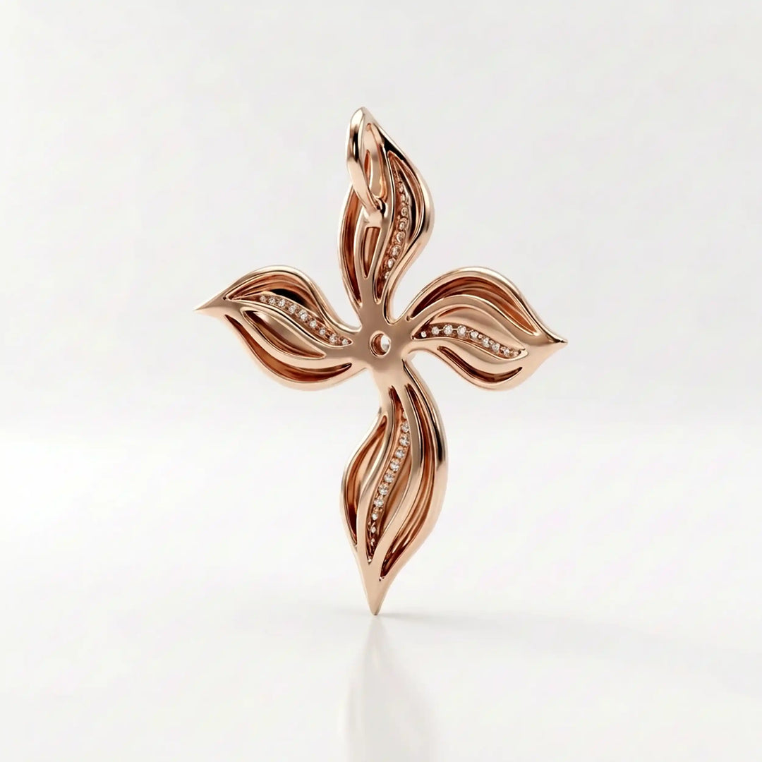 Floral cross lab-grown diamond pendant displayed upright on white background.