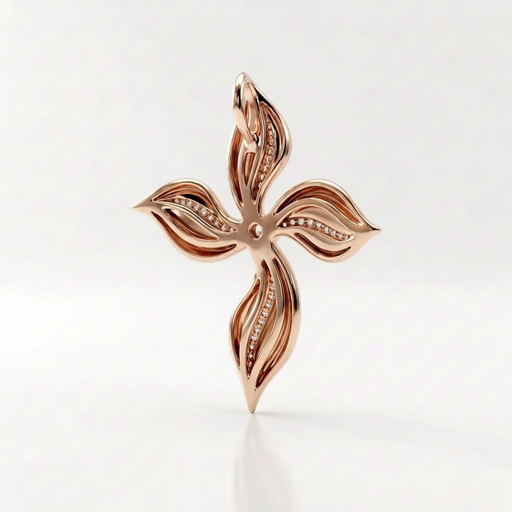 Floral cross lab-grown diamond pendant displayed upright on white background.