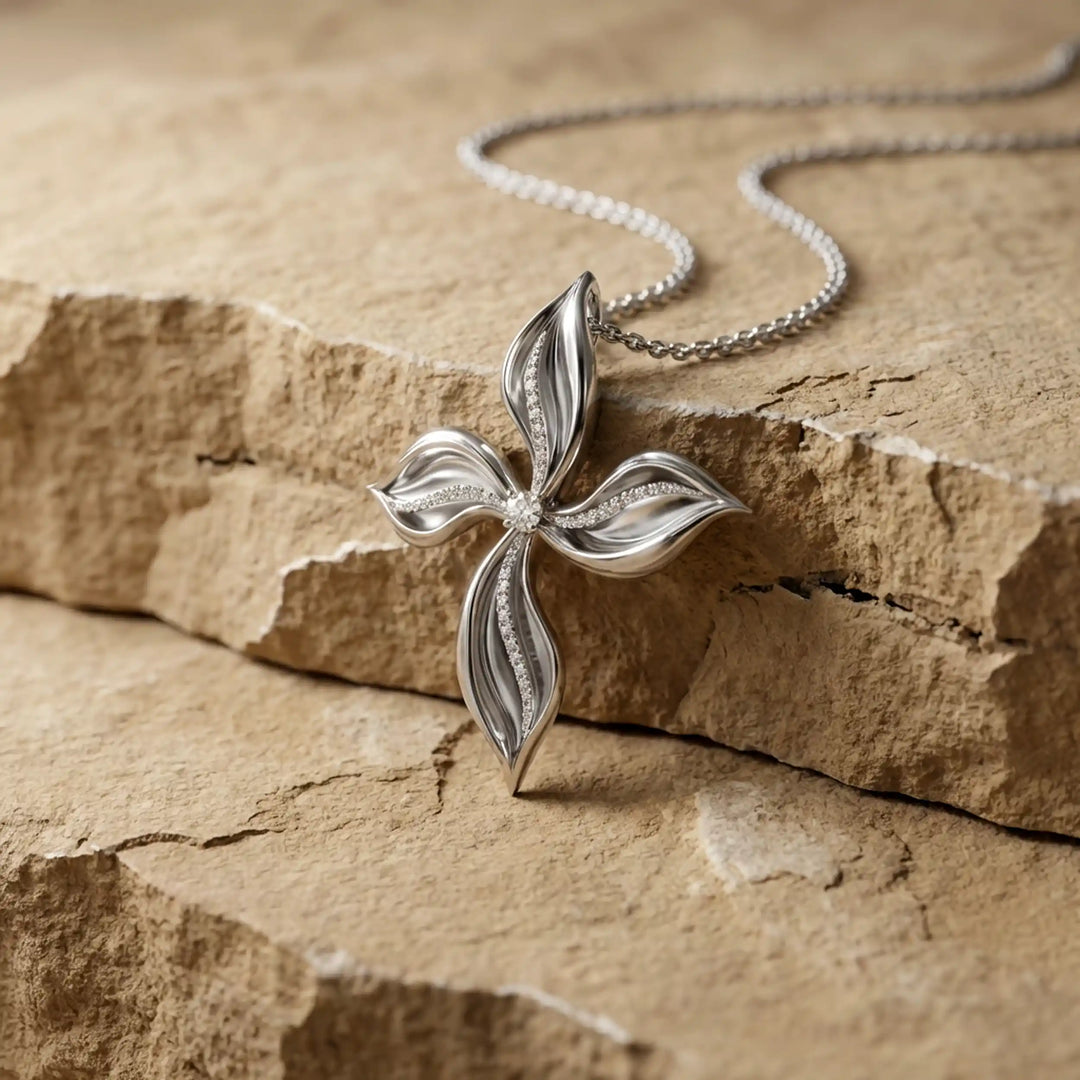 Floral cross lab-grown diamond pendant displayed upright on lime stone slab.