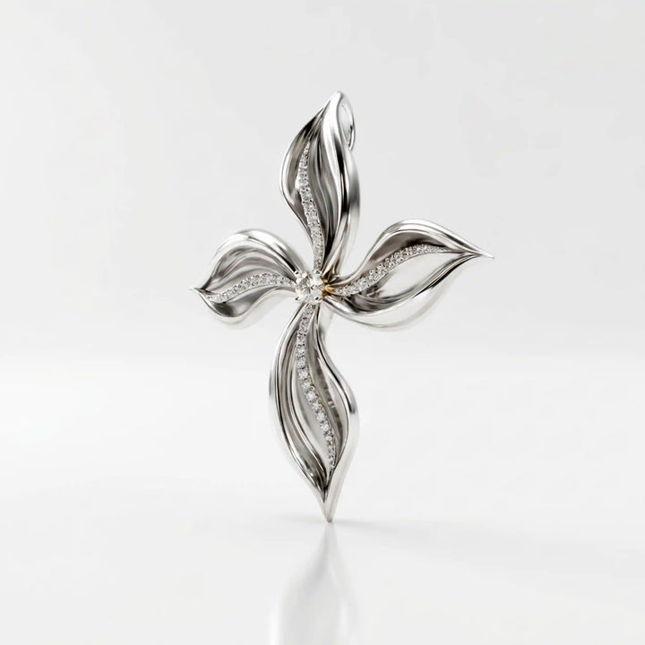 Floral cross lab-grown diamond pendant displayed upright on white background.