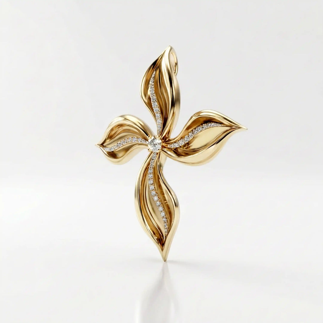 Floral cross lab-grown diamond pendant displayed upright on white background.