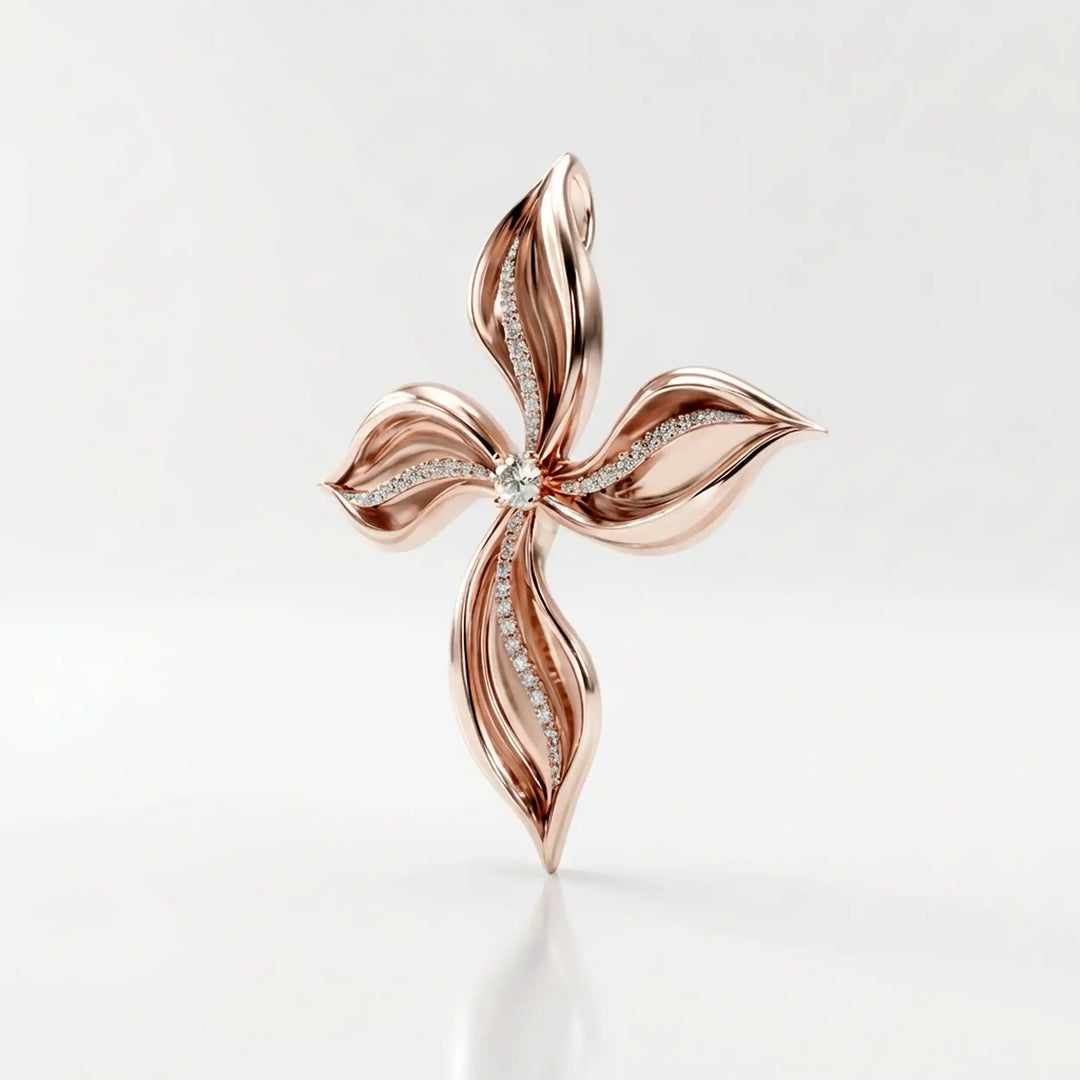 Floral cross lab-grown diamond pendant displayed upright on white background.
