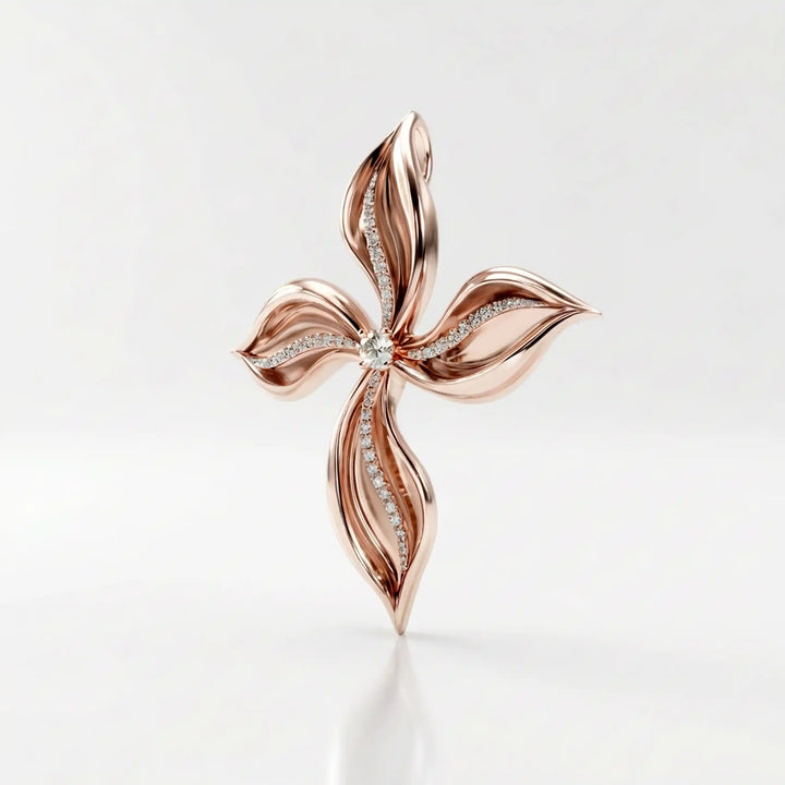 Floral cross lab-grown diamond pendant displayed upright on white background.
