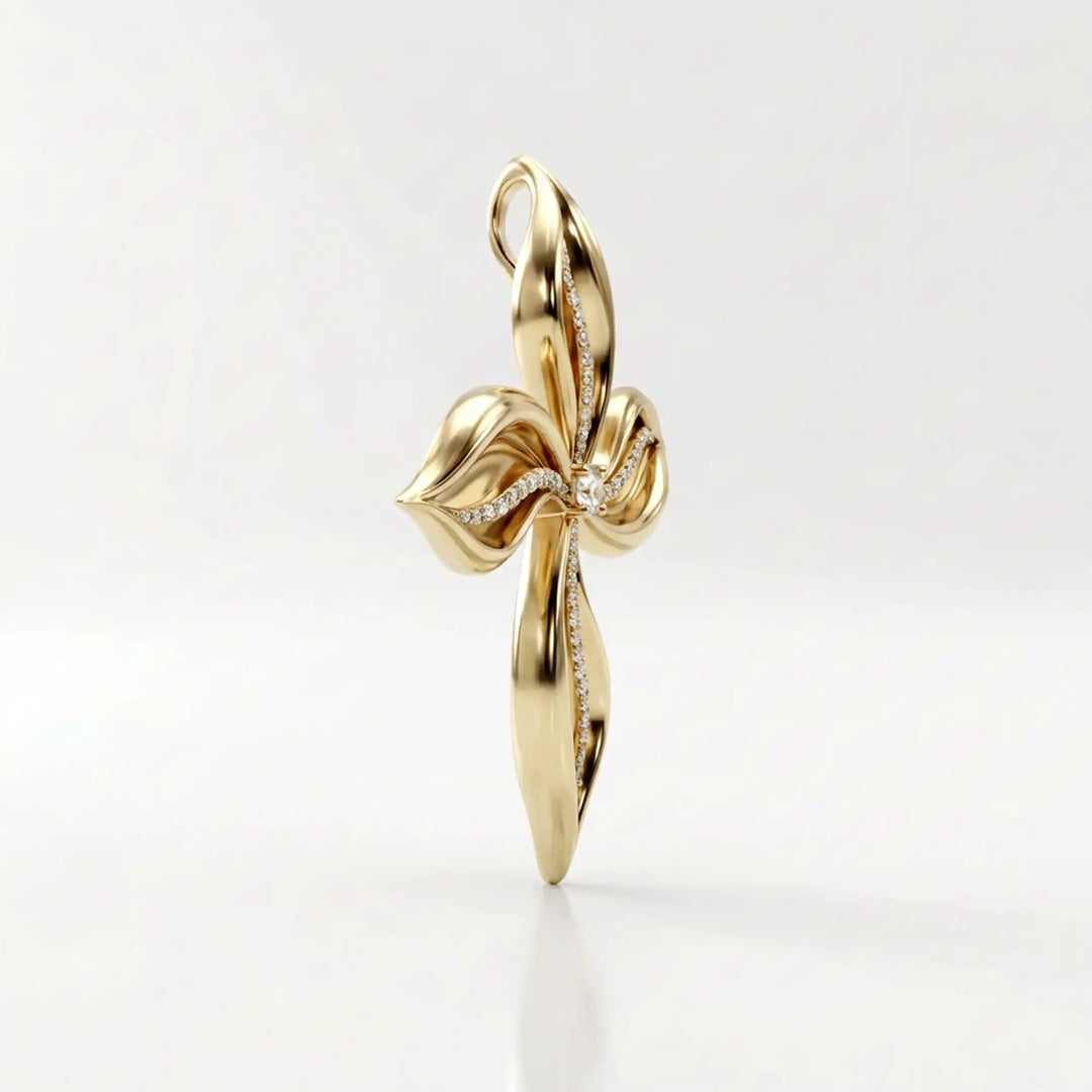Floral cross lab-grown diamond pendant displayed upright on white background.
