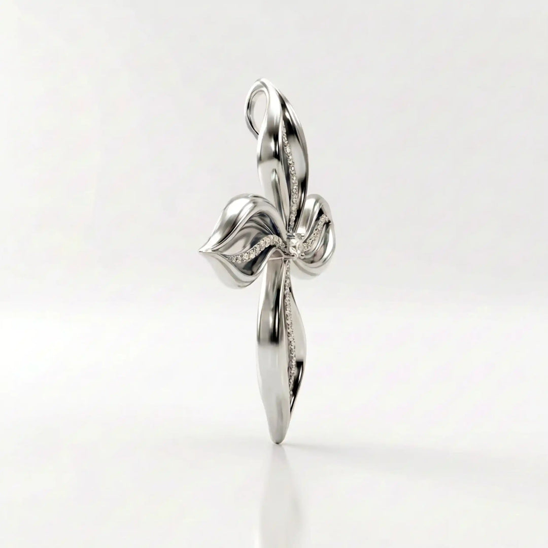 Floral cross lab-grown diamond pendant displayed upright on white background.