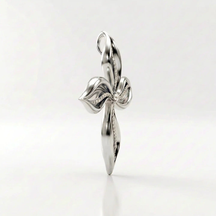 Floral cross lab-grown diamond pendant displayed upright on white background.