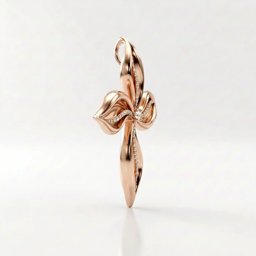 Floral cross lab-grown diamond pendant displayed upright on chest.
