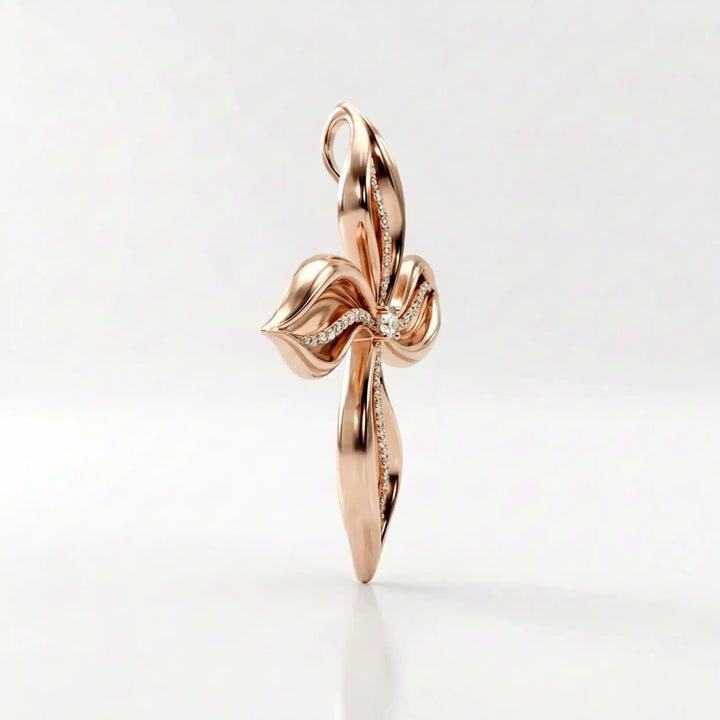 Floral cross lab-grown diamond pendant displayed upright on chest.