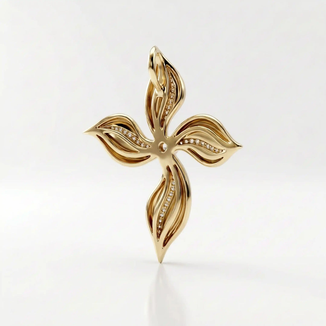 Floral cross lab-grown diamond pendant displayed upright on white background.