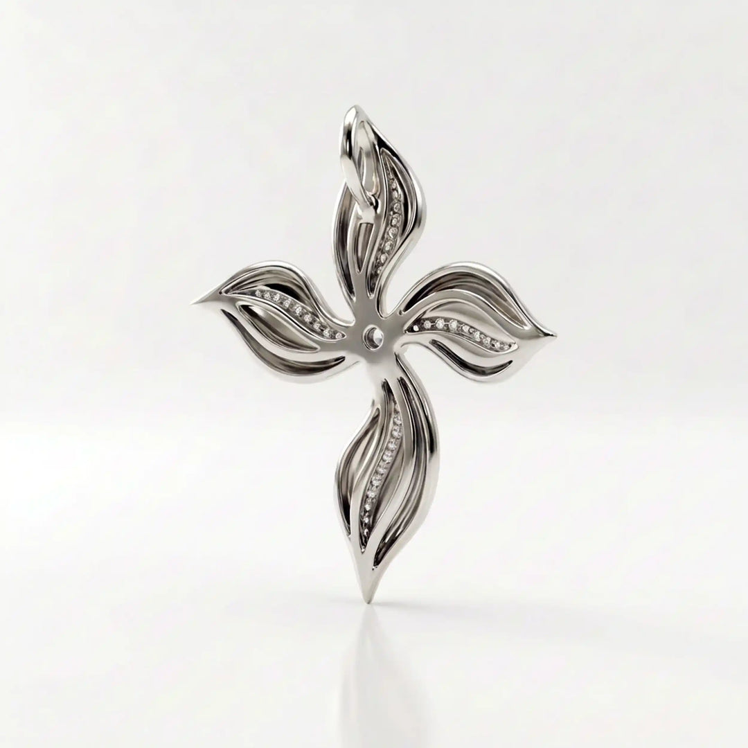 Floral cross lab-grown diamond pendant displayed upright on white background.