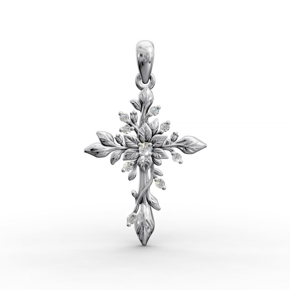 Floral cross lab-grown diamond pendant displayed on white background.