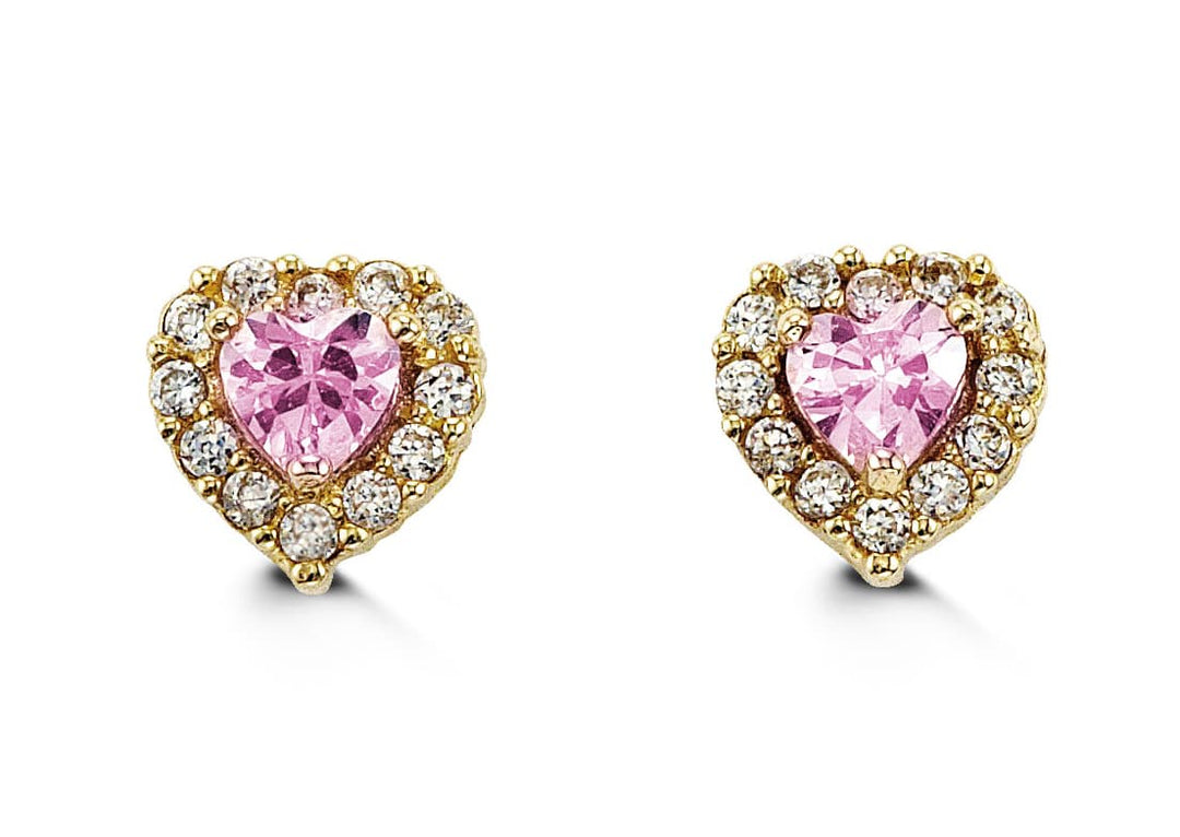 14K Heart-Shaped CZ Screwback Stud Earrings - October (pink CZ)