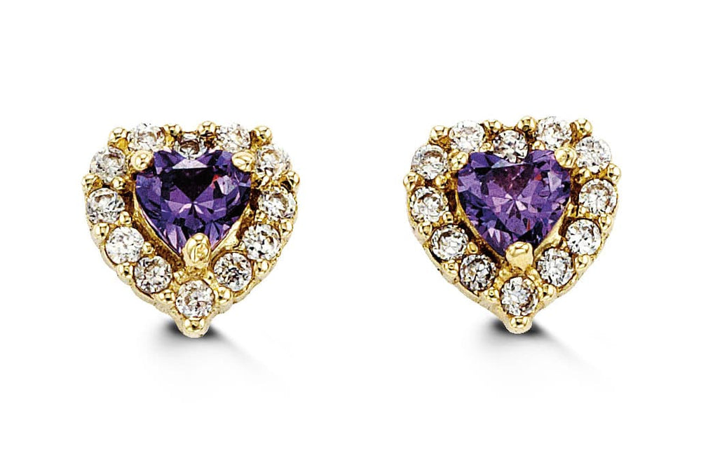 14K Heart-Shaped CZ Screwback Stud Earrings - February (purple CZ)