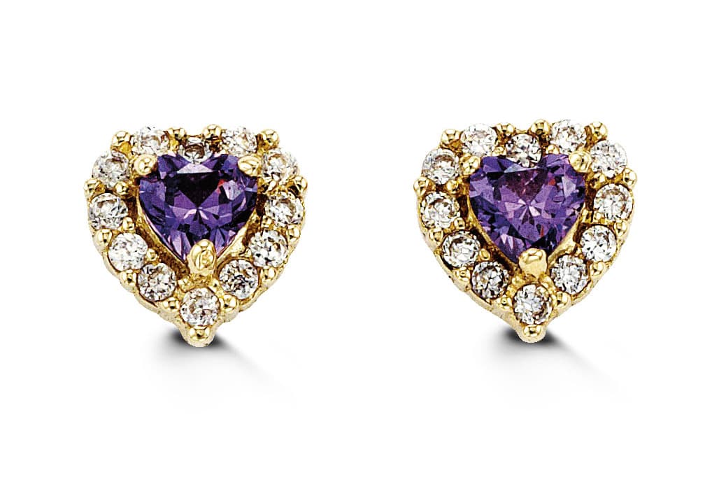 14K Heart-Shaped CZ Screwback Stud Earrings - February (purple CZ)