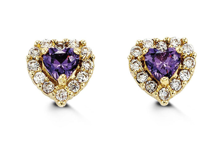 14K Heart-Shaped CZ Screwback Stud Earrings - February (purple CZ)