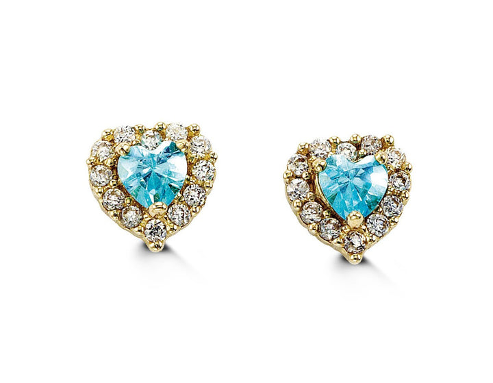 14K Heart-Shaped CZ Screwback Stud Earrings - December (light blue CZ)