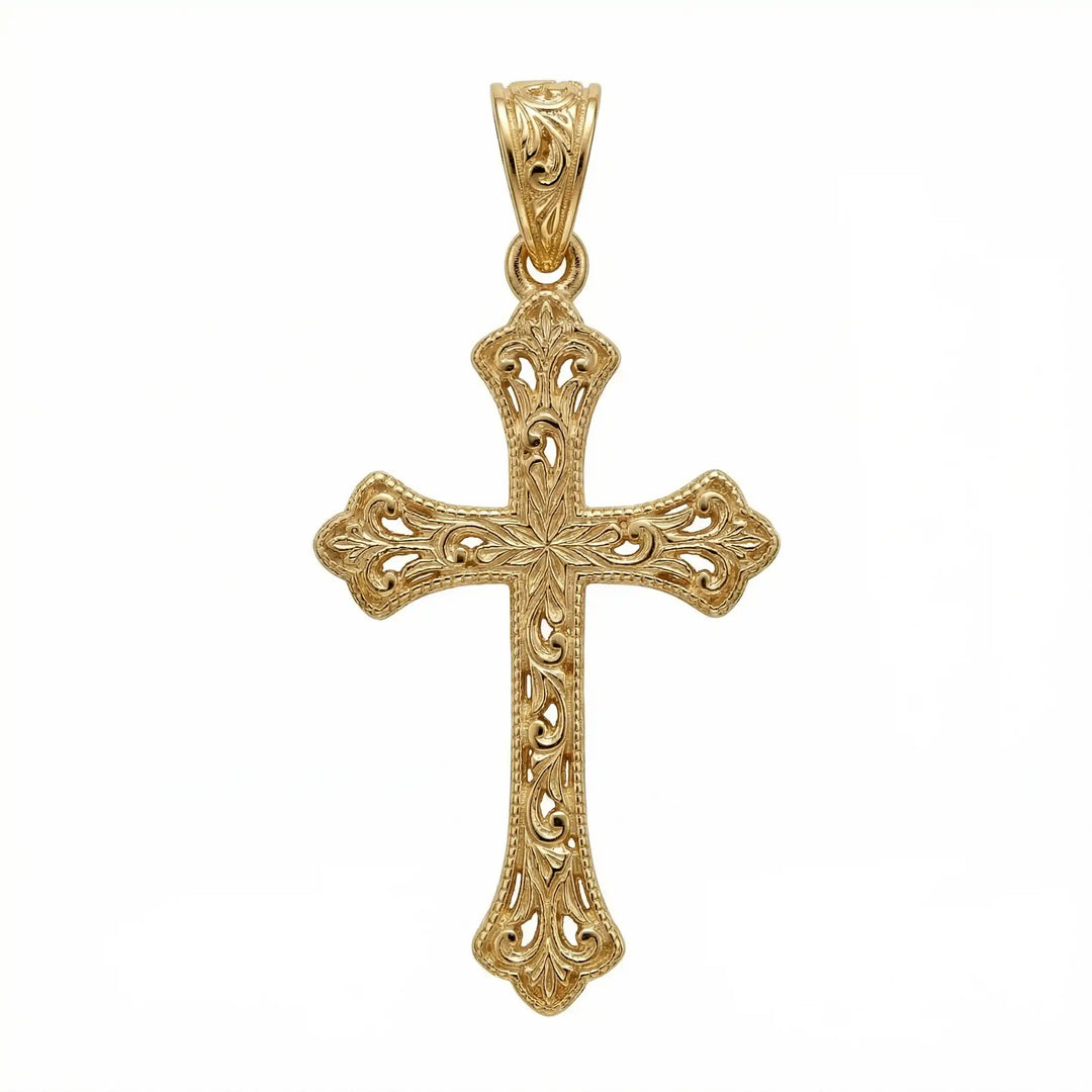 Ornate Gothic cross pendant necklace with engraved vintage-style detailing displayed on white background.