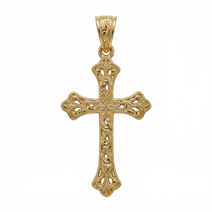 Ornate Gothic cross pendant necklace with engraved vintage-style detailing displayed on white background.