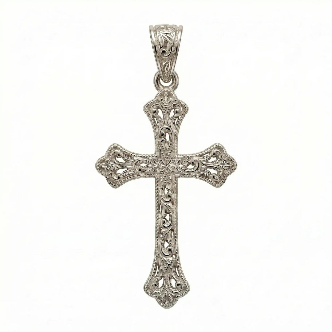 Ornate Gothic cross pendant necklace with engraved vintage-style detailing displayed on white background.