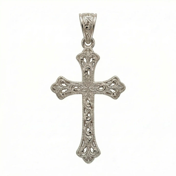 Ornate Gothic cross pendant necklace with engraved vintage-style detailing displayed on white background.