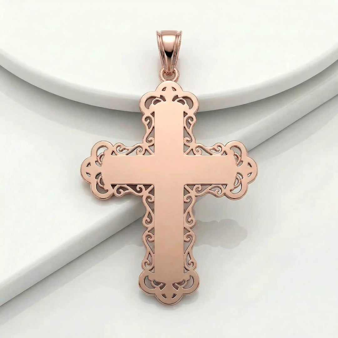 Ornate Greek cross pendant necklace with intricate decorative patterns displayed on white background.