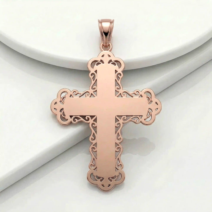 Ornate Greek cross pendant necklace with intricate decorative patterns displayed on white background.