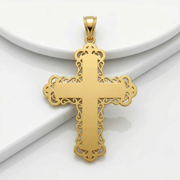 Ornate Greek cross pendant necklace with intricate decorative patterns displayed on white background.