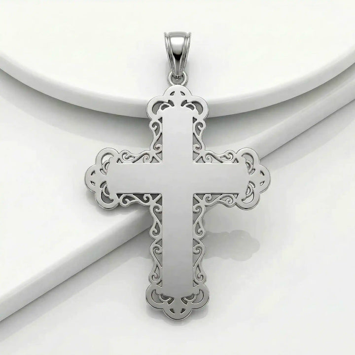 Ornate Greek cross pendant necklace with intricate decorative patterns displayed on white background.