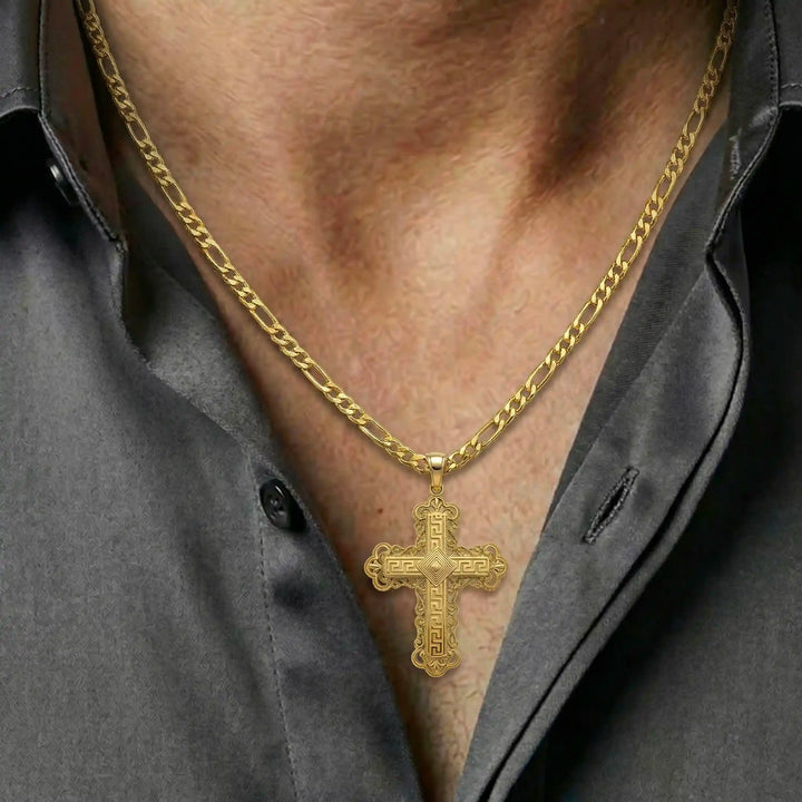 Ornate Greek cross pendant necklace with intricate decorative patterns displayed on chest.