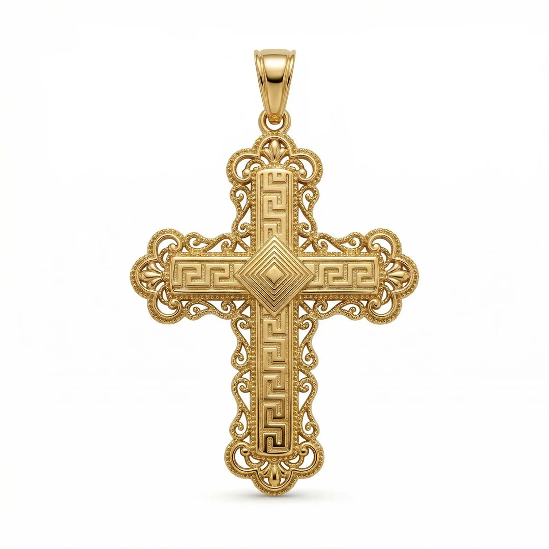 Ornate Greek cross pendant necklace with intricate decorative patterns displayed on white background.