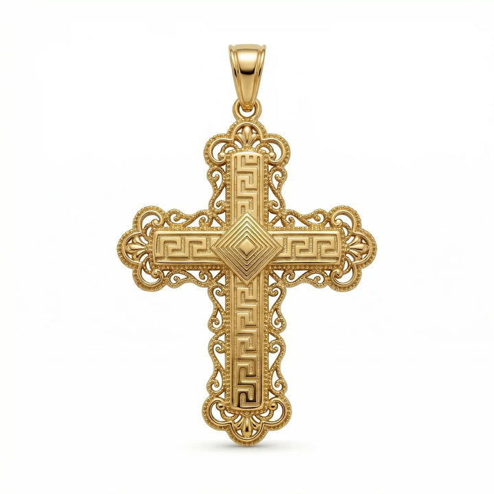 Ornate Greek cross pendant necklace with intricate decorative patterns displayed on white background.