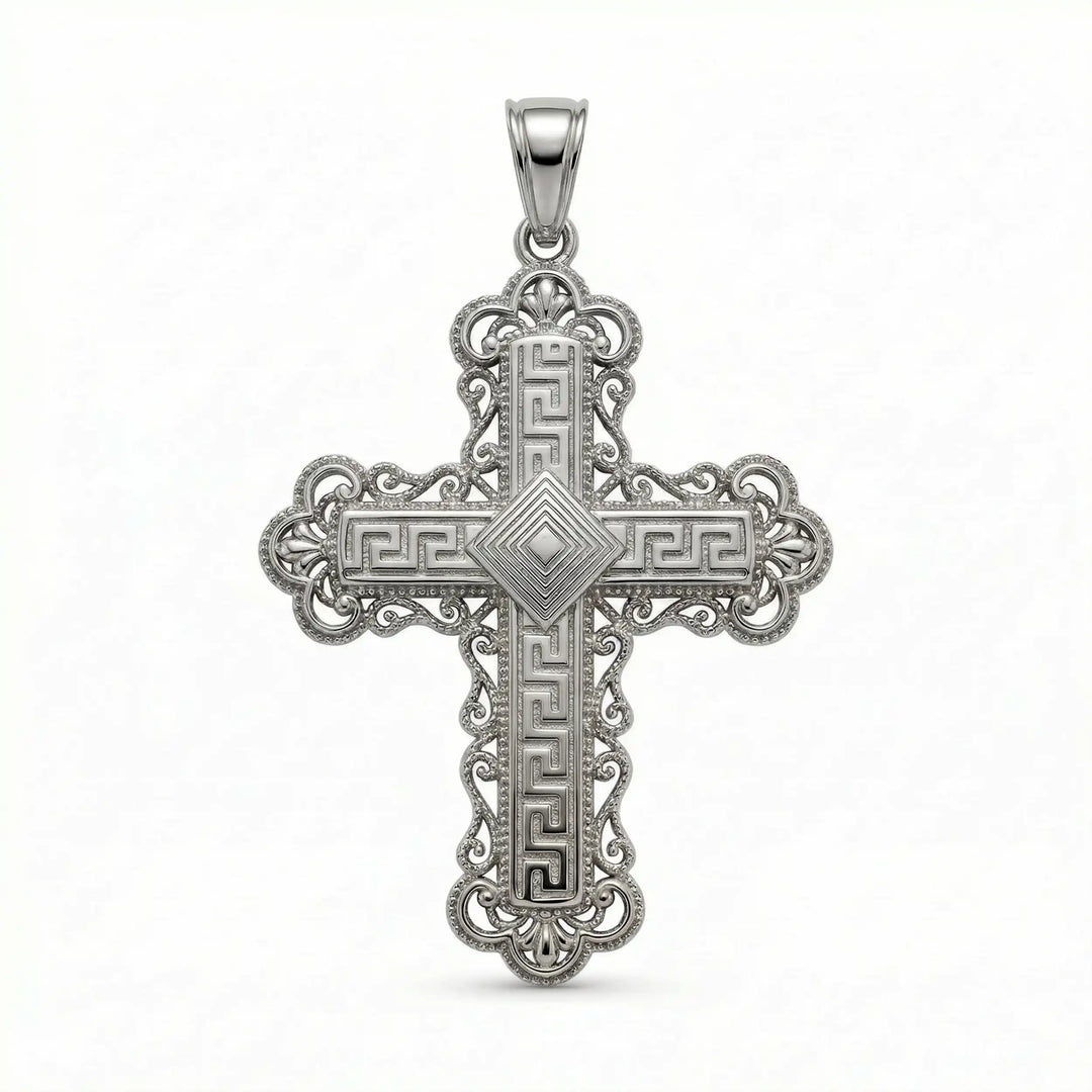 Ornate Greek cross pendant necklace with intricate decorative patterns displayed on white background.