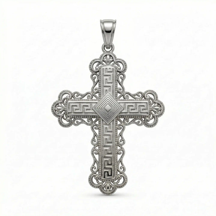 Ornate Greek cross pendant necklace with intricate decorative patterns displayed on white background.