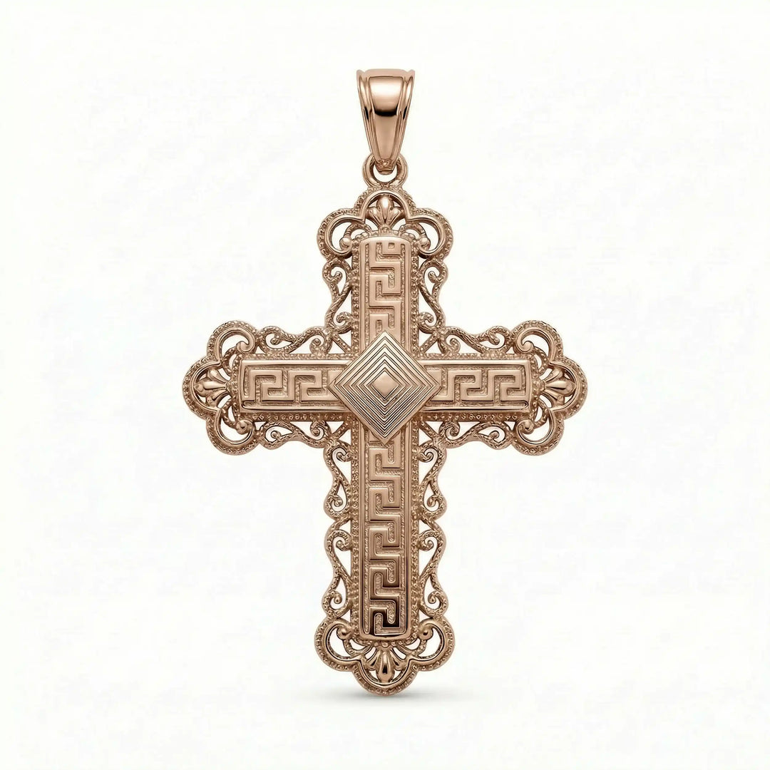 Ornate Greek cross pendant necklace with intricate decorative patterns displayed on white background.