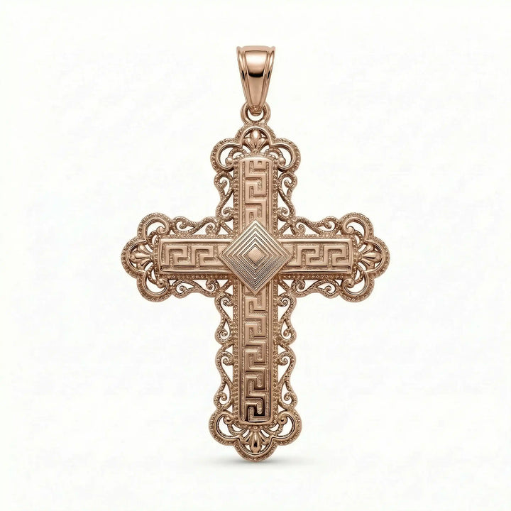 Ornate Greek cross pendant necklace with intricate decorative patterns displayed on white background.