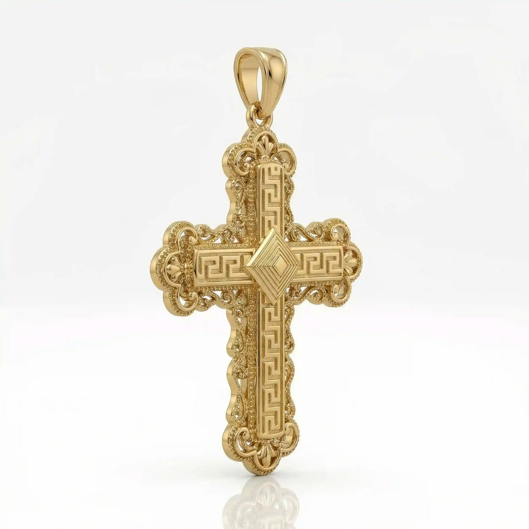 Ornate Greek cross pendant necklace with intricate decorative patterns displayed on white background.