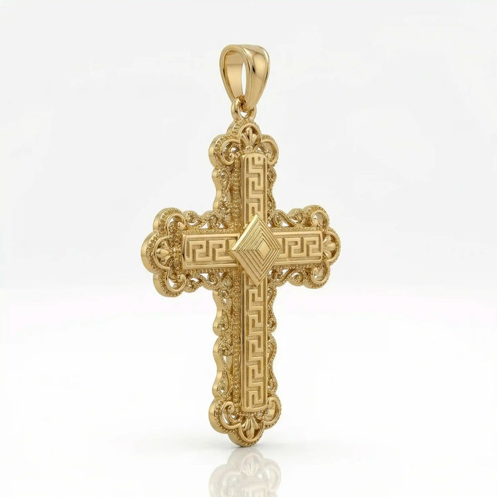Ornate Greek cross pendant necklace with intricate decorative patterns displayed on white background.