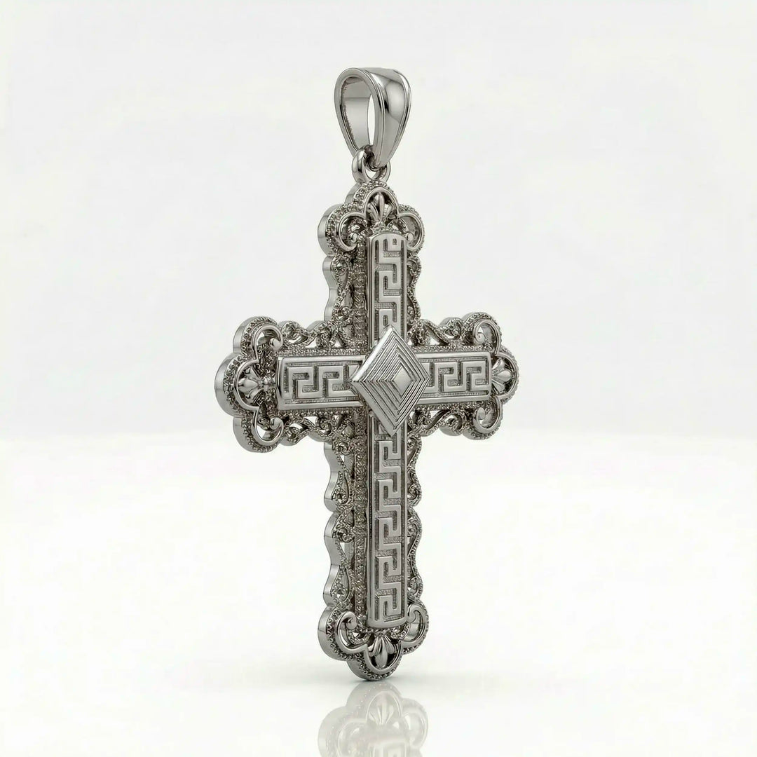 Ornate Greek cross pendant necklace with intricate decorative patterns displayed on white background.