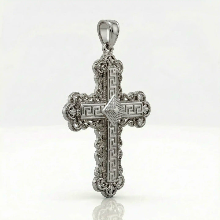 Ornate Greek cross pendant necklace with intricate decorative patterns displayed on white background.