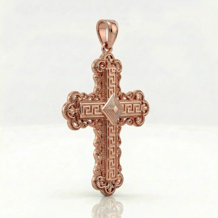 Ornate Greek cross pendant necklace with intricate decorative patterns displayed on white background.