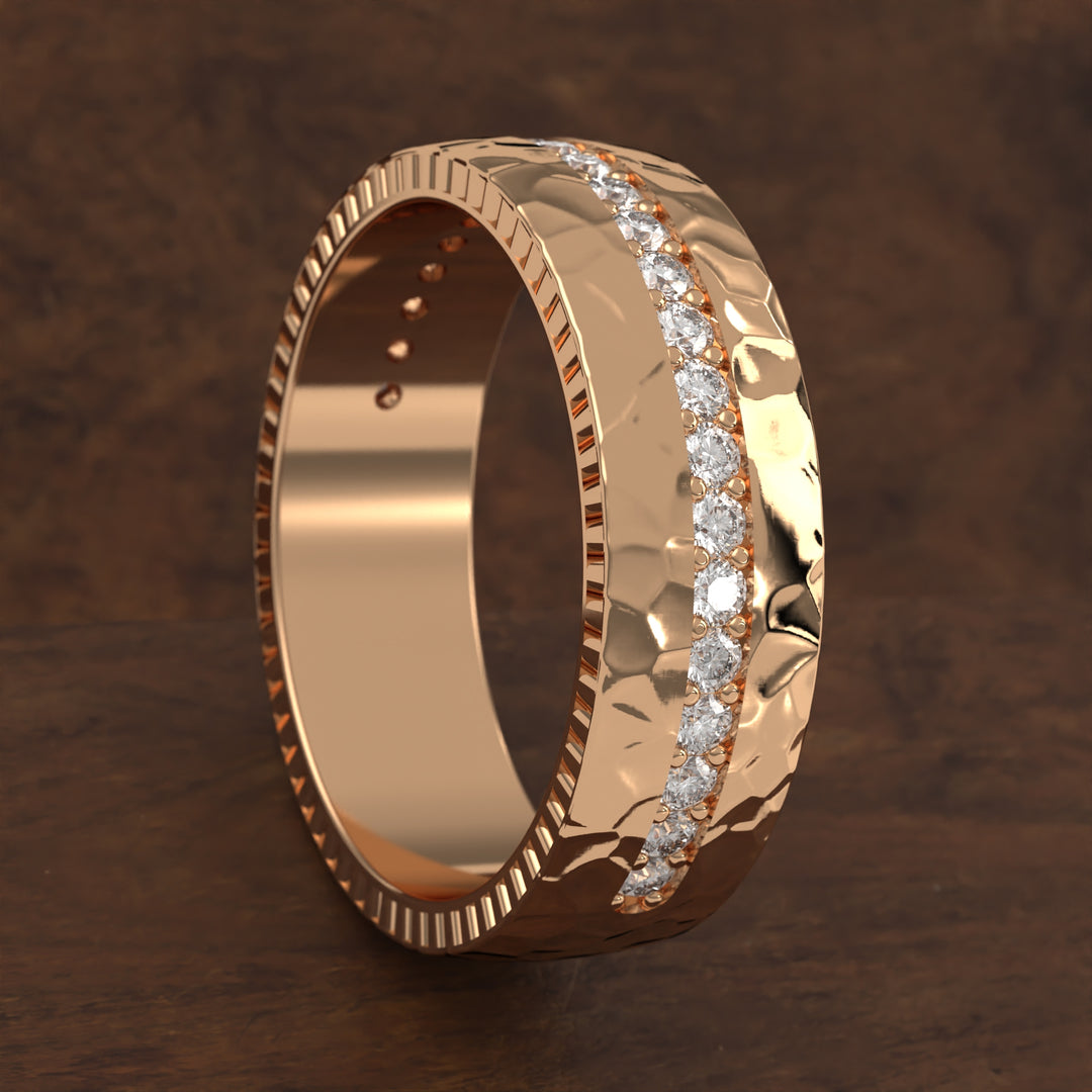 hammered band with extended diamond channel row and textured edges