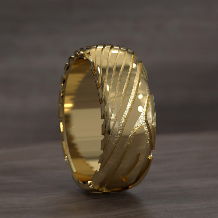 men’s half round ring with damascus texture and modern layered design