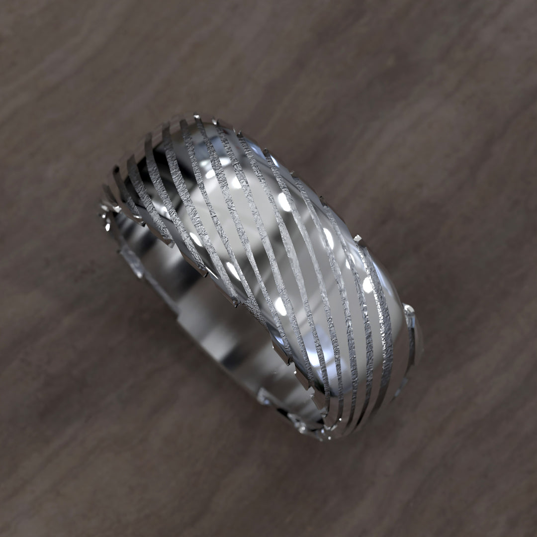 men’s half round ring with damascus texture and modern layered design