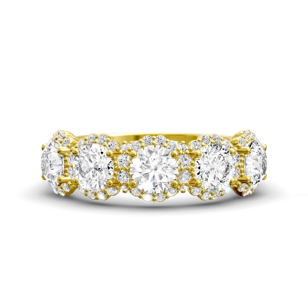 Gold halo band with large round center stones surrounded by sparkling diamond accents