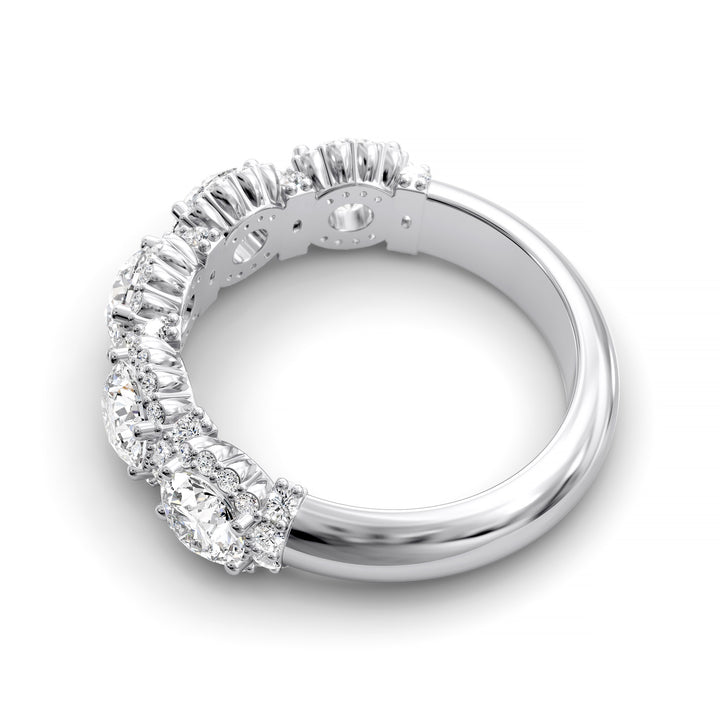 Gold halo band with large round center stones surrounded by sparkling diamond accents