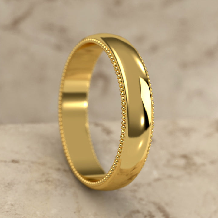high-polish domed wedding band with fine milgrain borders