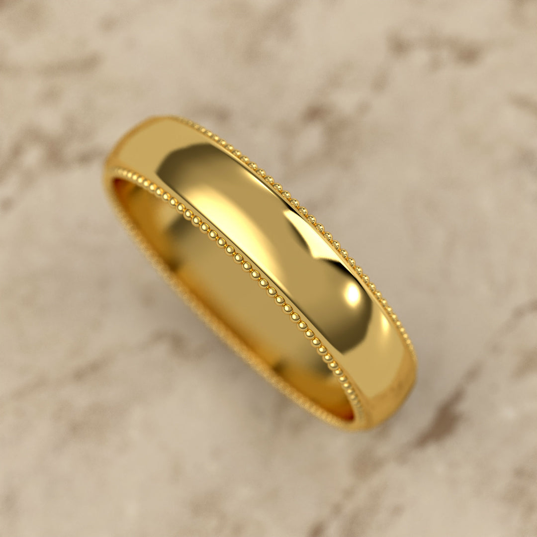 high-polish domed wedding band with fine milgrain borders