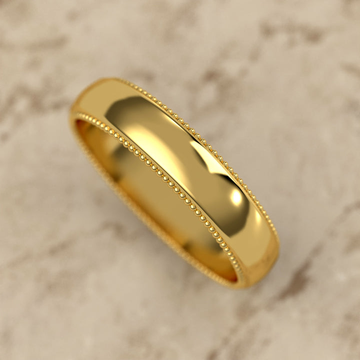 high-polish domed wedding band with fine milgrain borders